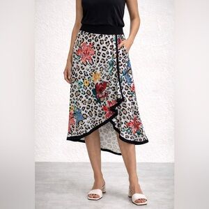 Soft Surroundings Leopard Floral Asym Wrap Skirt Stretch Waist Size PL